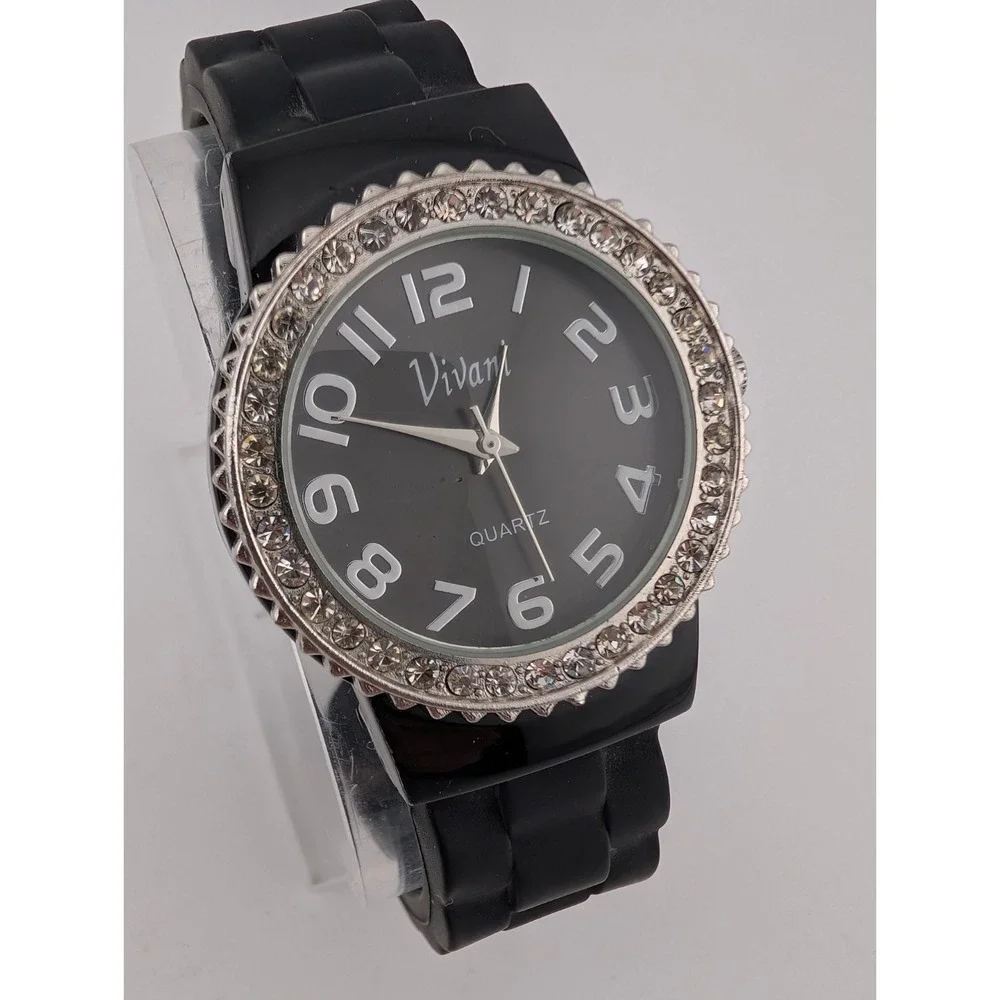 Vivani Watch Women 34mm Case Rhinestones Black Silicone Bangle Band- New Battery